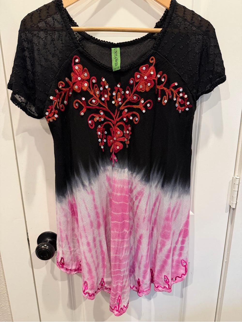 Sunflower Women’s Black & Pink Embroidered Tie-Dye Top